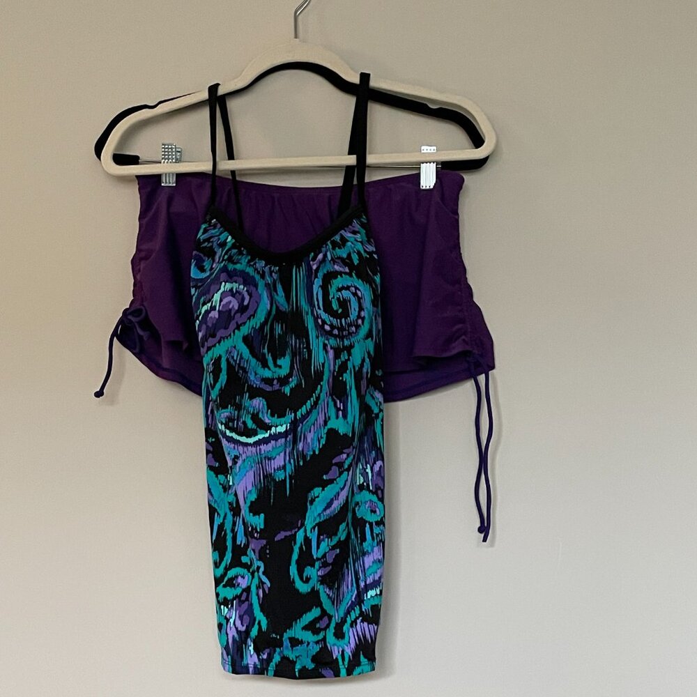 2 Piece Tankini Purple Green Black Medium - Picture 3 of 10